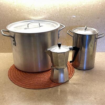 Lot 237 Large Stainless Stock Pot, Strainer w/ Basket, Italian Coffee Maker