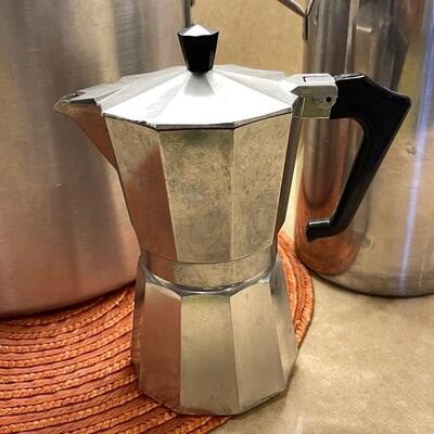 Lot 237 Large Stainless Stock Pot, Strainer w/ Basket, Italian Coffee Maker