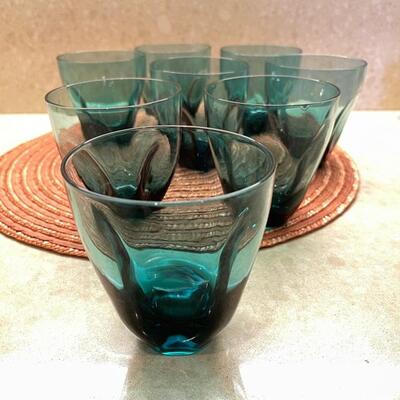 Lot 241 Set 8 Pinched Blue Drink Glasses 4" Old Fashioned Cocktail