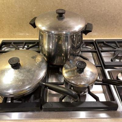 Lot 244 Group 6 pc Revere Ware Stainless Kettles Copper Bottom Stock Pot Fry Pan Saute