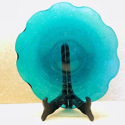 Lot 245 Teal Blue Footed Glass Low Bowl Mouth Blown with Bubbles