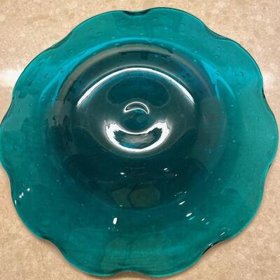 Lot 245 Teal Blue Footed Glass Low Bowl Mouth Blown with Bubbles