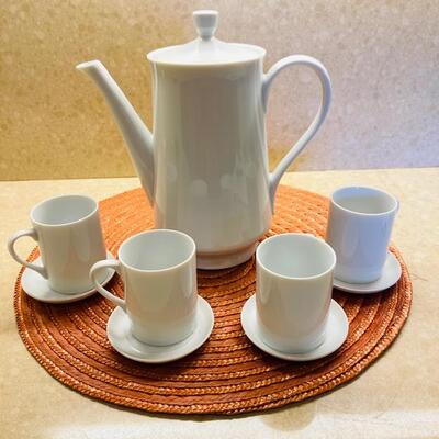 Lot 247 White China Coffee Set Pot & 4 Demitasse Cups & Saucers.