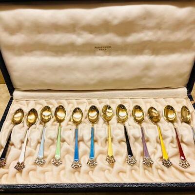 Lot 248 N.M. Thune Set 12 Sterling & Guilloche Enamel Demitasse Spoons Oslo Norway Presentation Box