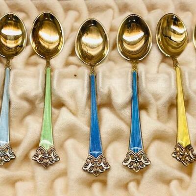 Lot 248 N.M. Thune Set 12 Sterling & Guilloche Enamel Demitasse Spoons Oslo Norway Presentation Box