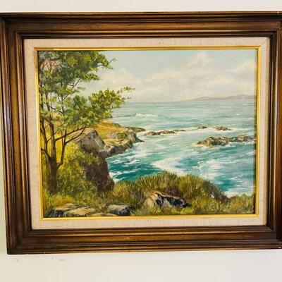 Lot 257 Coastal Seascape Painting on Canvas Signed M. Stagis 1961