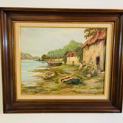 Lot 258 Village By The Shore Oil Painting M. Stagis On Canvas