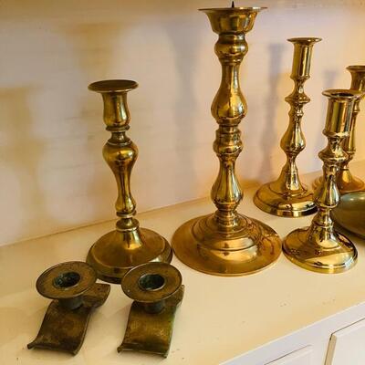 Lot 264 Group 16 Brass Candle Sticks & 2 Snuffer  