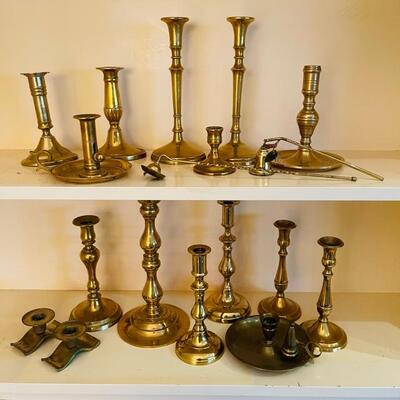 Lot 264 Group 16 Brass Candle Sticks & 2 Snuffer  