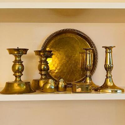 Lot 265 Group Brass Accessories Candle Holders Tray Birds Box