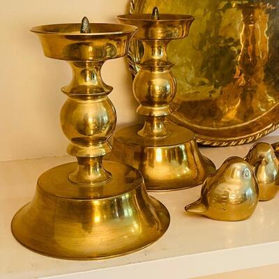 Lot 265 Group Brass Accessories Candle Holders Tray Birds Box