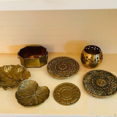 Lot 267 Group 13 Brass Bunny Coasters Trivets Card Trays MCM Leaf Dish