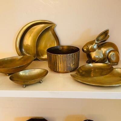 Lot 267 Group 13 Brass Bunny Coasters Trivets Card Trays MCM Leaf Dish