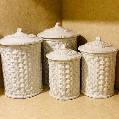 Lot 273 Set 4 White Ceramic Canister Basket Weave Pattern