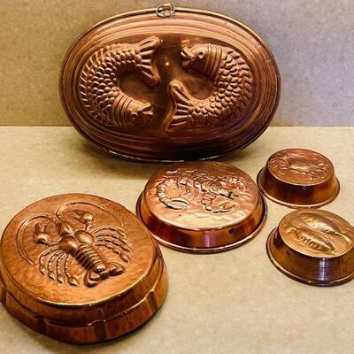 Lot 277 Group 5 Copper Molds Lined Fish Crawfish Seafood
