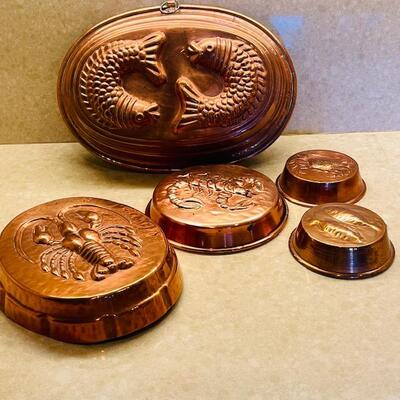 Lot 277 Group 5 Copper Molds Lined Fish Crawfish Seafood