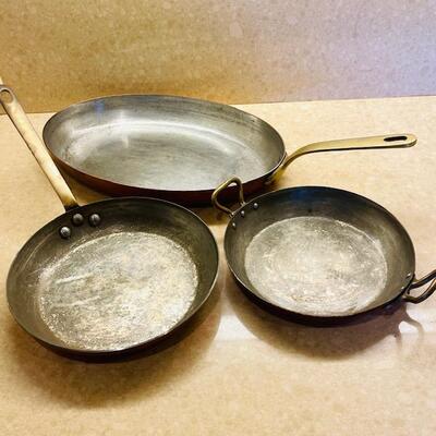 Lot 280 Copper 3 Saute/Fry Pans Made in France Brass Handles Bazar Francias New York "666"