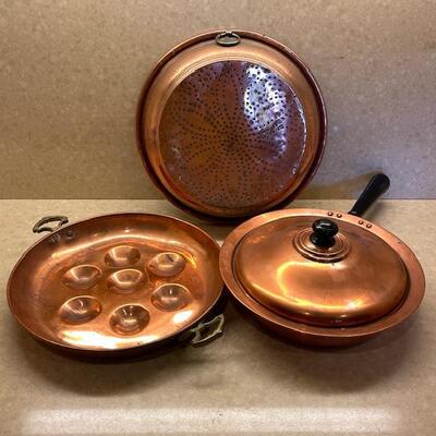 Lot 282 Copper 3 Pans Egg Poacher, Collander Pan w/Lid