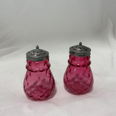 [175] ANTIQUE | Cranberry Dimpled Glass | Salt and Pepper Shakers