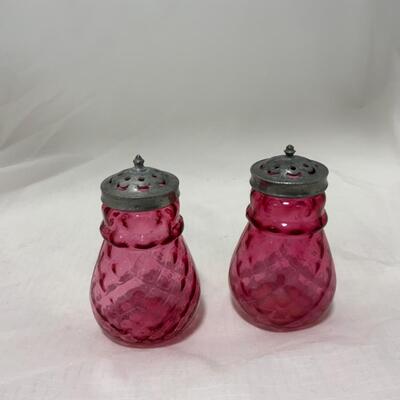[175] ANTIQUE | Cranberry Dimpled Glass | Salt and Pepper Shakers