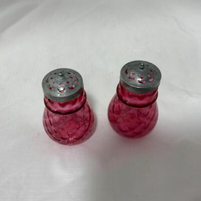 [175] ANTIQUE | Cranberry Dimpled Glass | Salt and Pepper Shakers