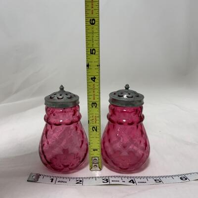 [175] ANTIQUE | Cranberry Dimpled Glass | Salt and Pepper Shakers