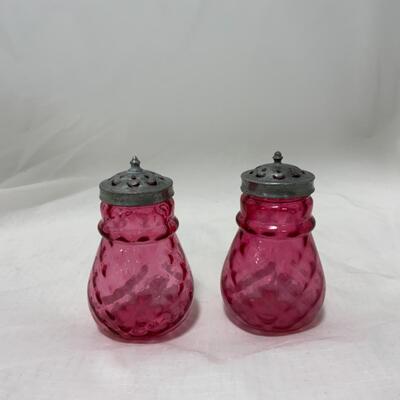 [175] ANTIQUE | Cranberry Dimpled Glass | Salt and Pepper Shakers
