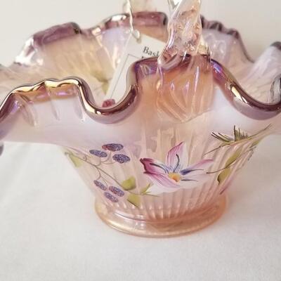 Lot #65  Very pretty FENTON hand-painted art glass basket with extras