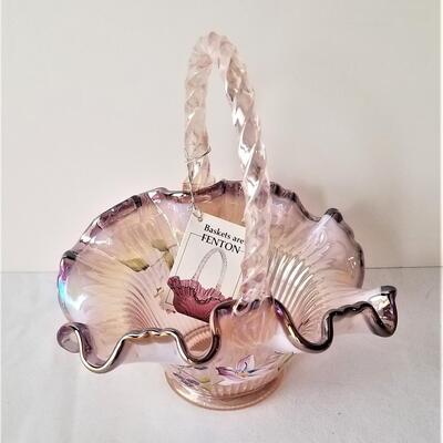 Lot #65  Very pretty FENTON hand-painted art glass basket with extras