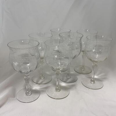 [182] Seven Crystal Wine Glasses | Etched Flowers