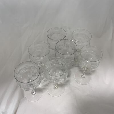 [182] Seven Crystal Wine Glasses | Etched Flowers