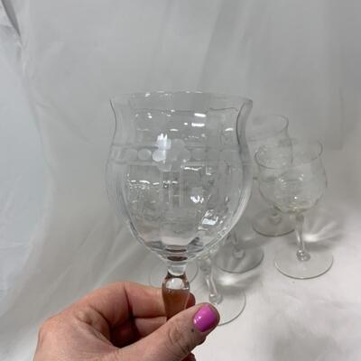 [182] Seven Crystal Wine Glasses | Etched Flowers