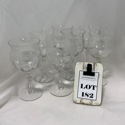 [182] Seven Crystal Wine Glasses | Etched Flowers