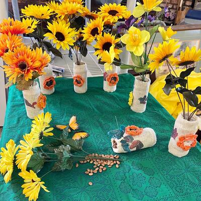 Lot of seven homemade vases with Yellow Daisy flowers Burlap