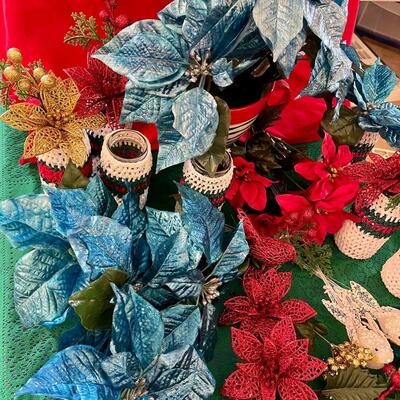 Christmas lot: blue poinsettias, red and gold flowers, ceramic mixing bowl, covered jar vases