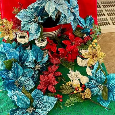 Christmas lot: blue poinsettias, red and gold flowers, ceramic mixing bowl, covered jar vases