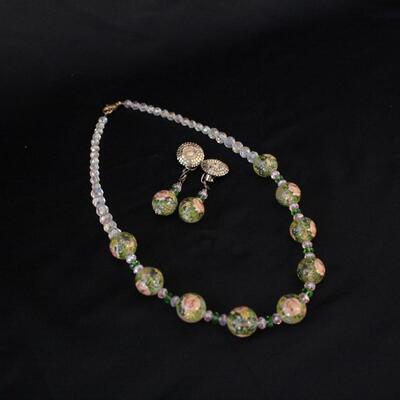 Lot #248: Vintage Glass Beaded Rose Necklace & Earrings Set