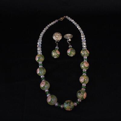 Lot #248: Vintage Glass Beaded Rose Necklace & Earrings Set