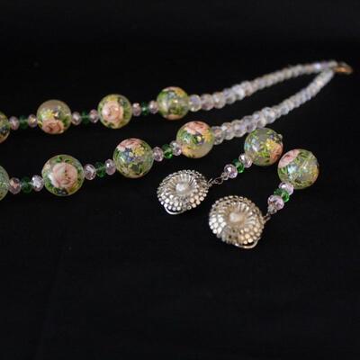 Lot #248: Vintage Glass Beaded Rose Necklace & Earrings Set