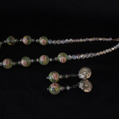 Lot #248: Vintage Glass Beaded Rose Necklace & Earrings Set