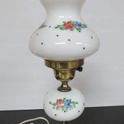 Pretty Milk Glass Hand Painted Dresser Lamp Marble Base, Matching Shade