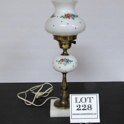 Pretty Milk Glass Hand Painted Dresser Lamp Marble Base, Matching Shade