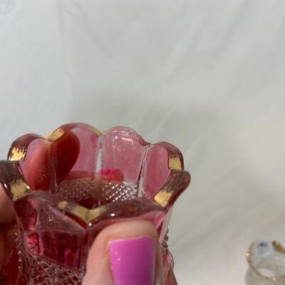 [191] ANTIQUE | Three Toothpick Holders | Cranberry | Handled