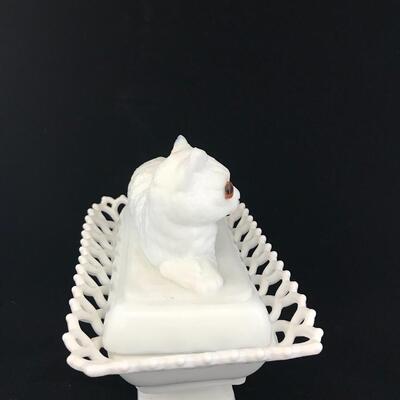 Atterbury Milk Glass Cat on Bed Box