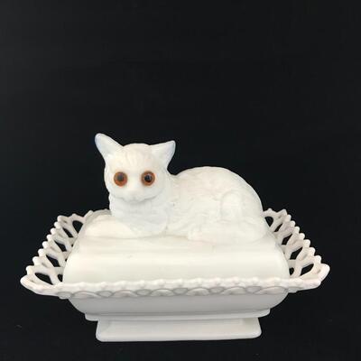 Atterbury Milk Glass Cat on Bed Box
