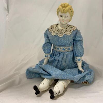 [198] VINTAGE | 25â€ | Ceramic Blonde Beauty Doll in a Blue Dress