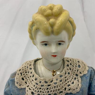 [198] VINTAGE | 25â€ | Ceramic Blonde Beauty Doll in a Blue Dress