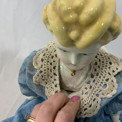 [198] VINTAGE | 25â€ | Ceramic Blonde Beauty Doll in a Blue Dress