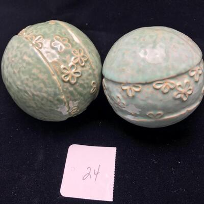 Pair Green Pottery Decor Balls
