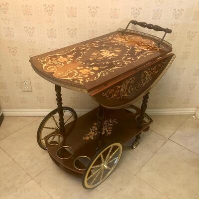 Vintage Antique Italian Marquetry Rolling Bar Tea Cart Wooden Drop Down Leaf